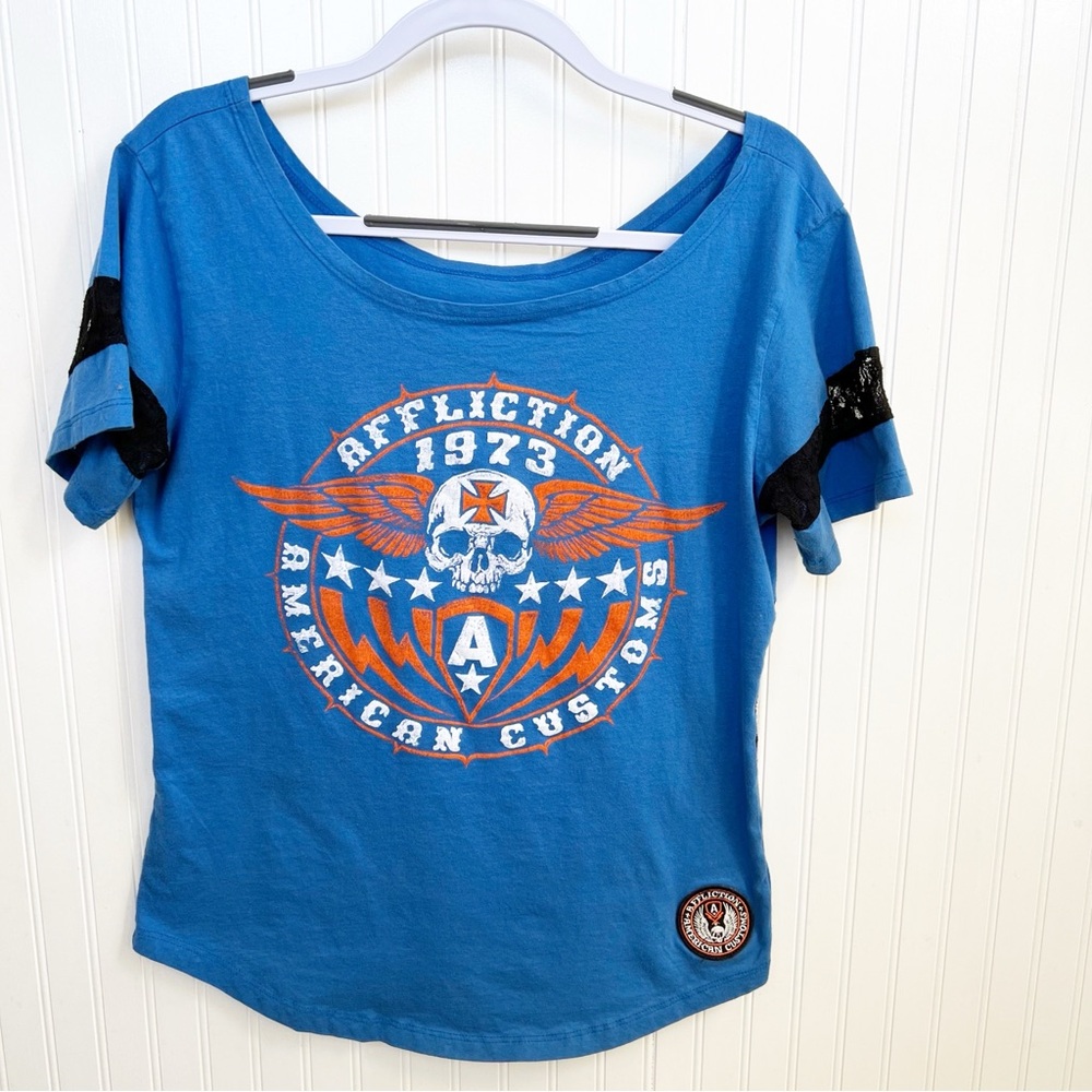 Affliction Blue & Red Iron Shield Short Sleeve Biker Skull Graphic Tee Women’s M